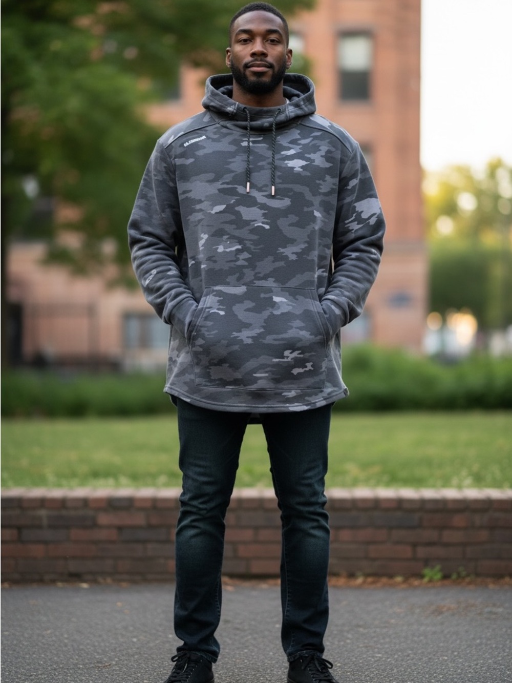 Men's Gray Camo Hooded Pullover Sweatshirt - Unbranded